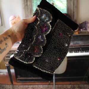 Vintage Velvet Black and Purple Beaded Gypsy Boho Clutch